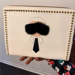 FENDI Studded White Clutch with Black Accent